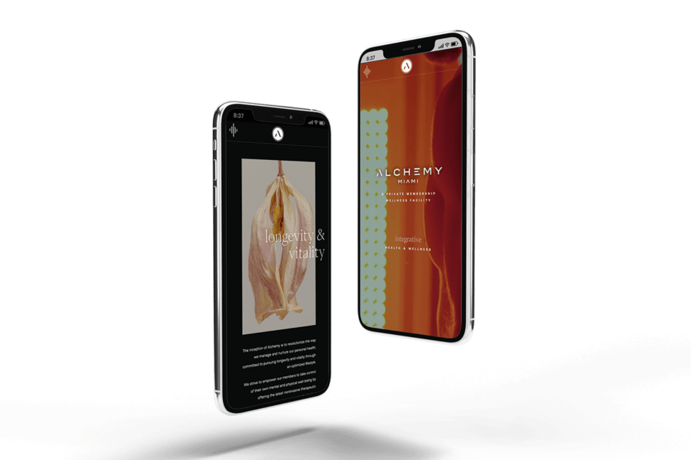 Two iphones featuring Alchemy Miami's website in mobile format