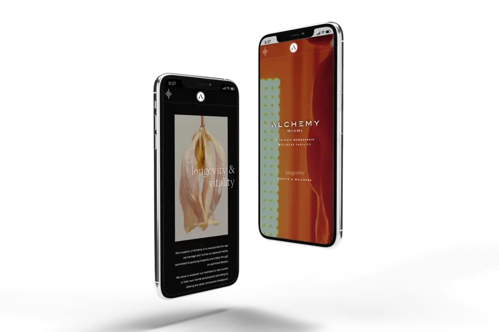 Two iphones featuring Alchemy Miami's website in mobile format