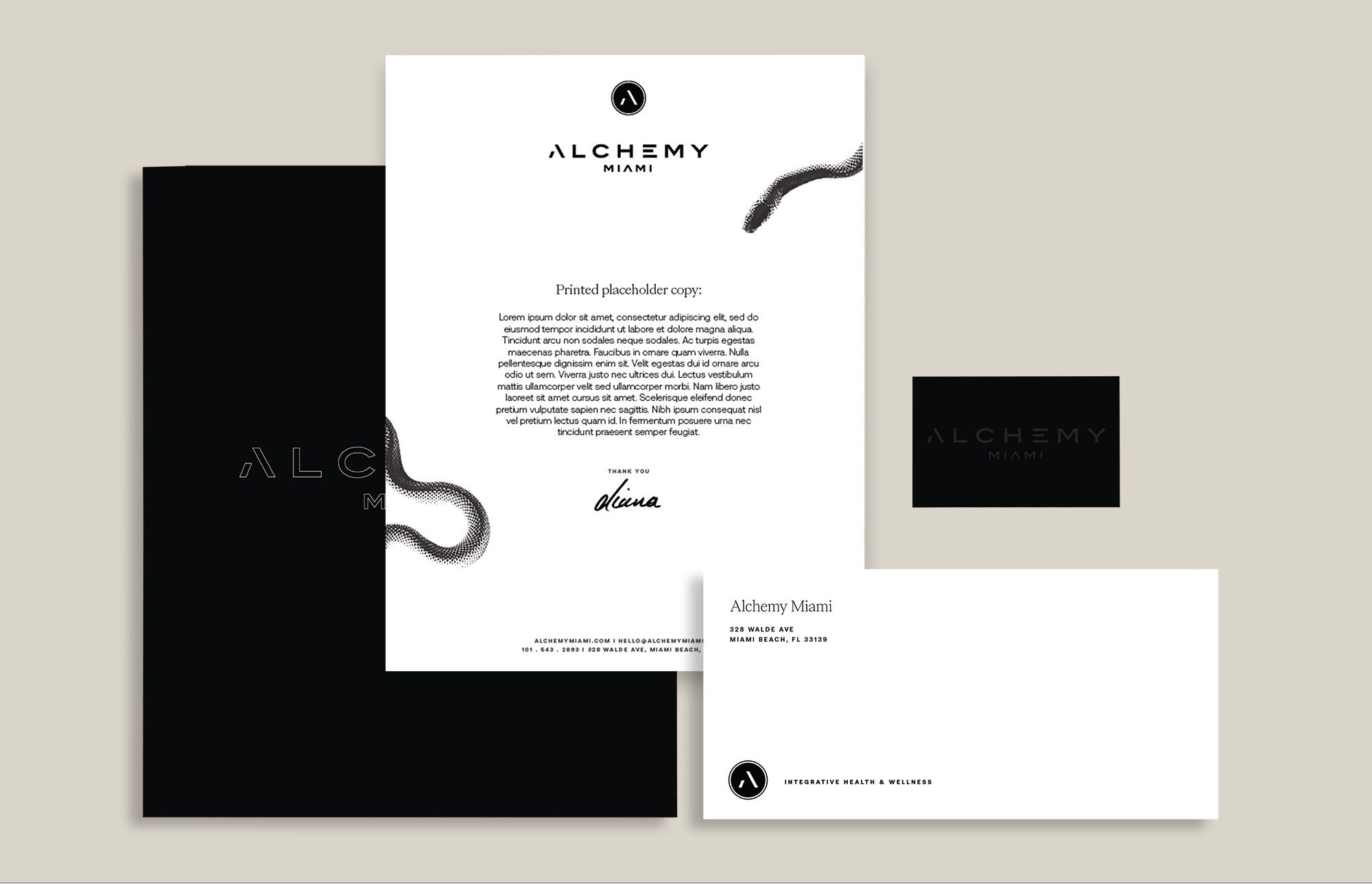 Alchemy Stationary: letterhead, envelope, folder, and business card