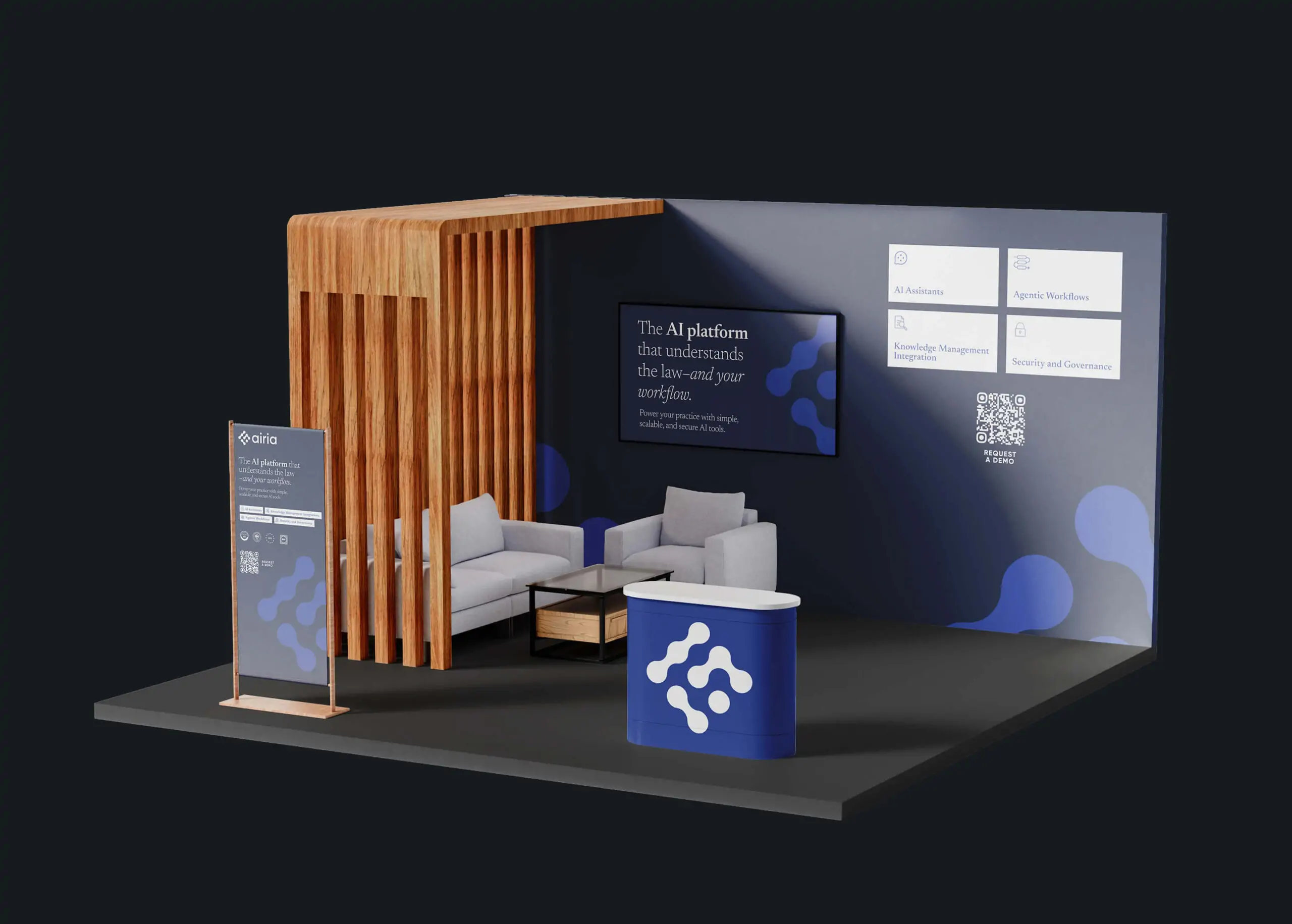 Trade show booth rendering featuring wood accents, cohesive branding, and interactive elements