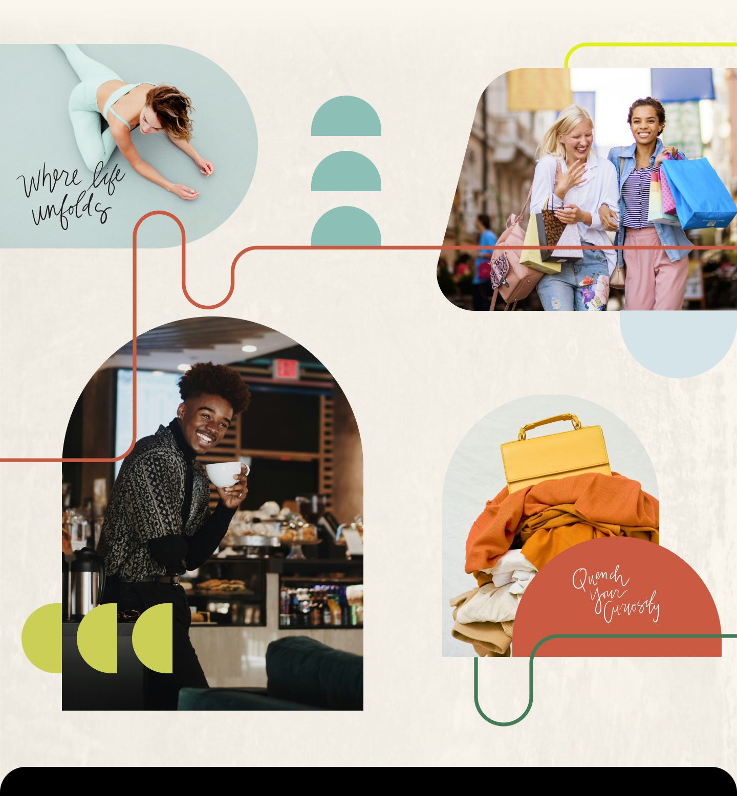 Sample of graphics created for Echo St West, using bright colors, half circle shapes, and directional lines. images of people living at Echo St. West