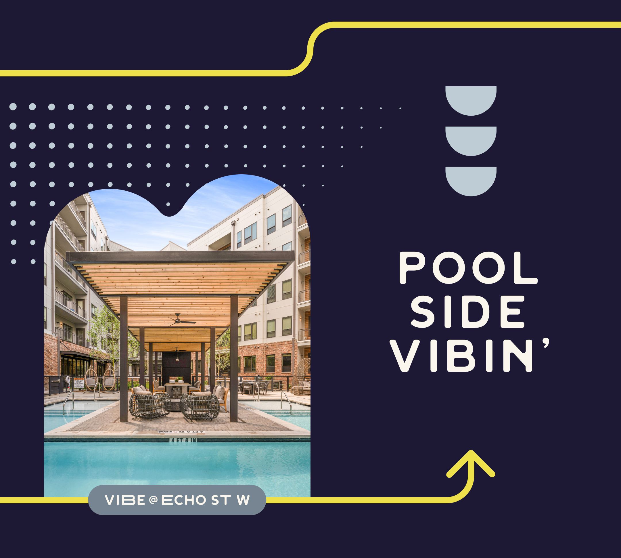 Pool Side Vibin' graphic with line graphics and image of pool in an organic shape