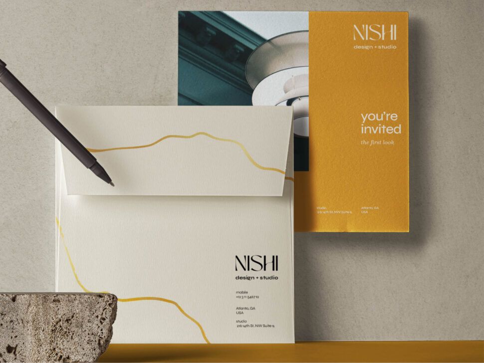 Nishi Interior Design Branding Mockup on Invite with Envelope and Pen