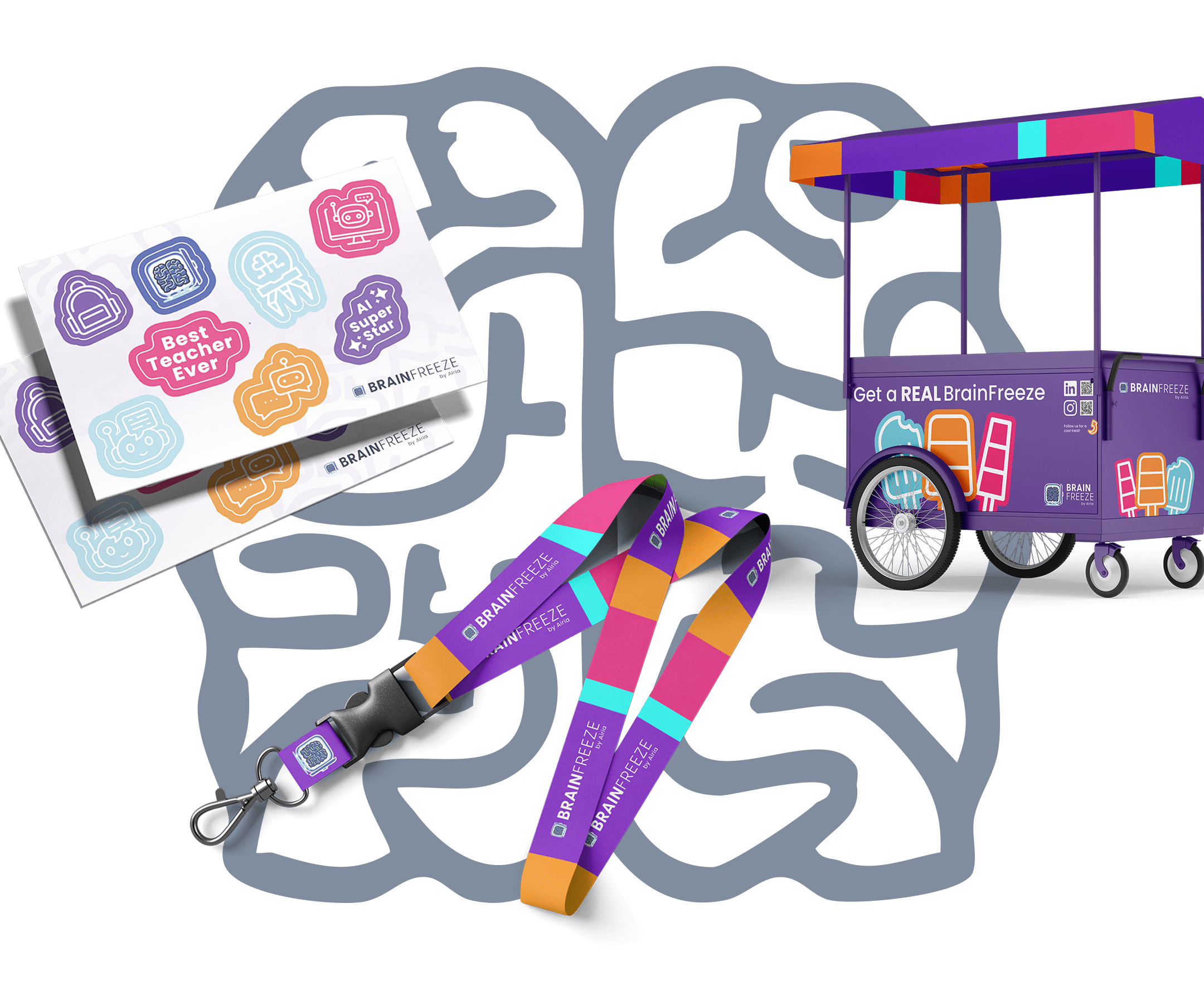 BrainFreeze brand collateral, stickers, lanyard and ice cream ccart