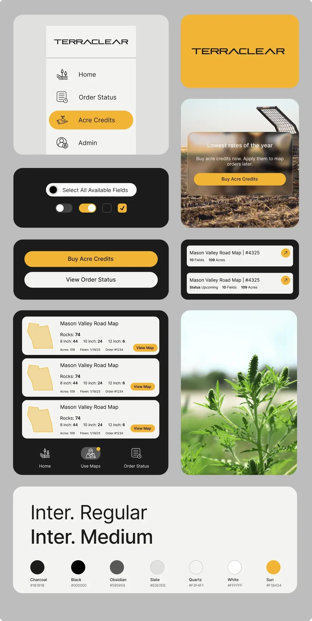 TerraClear UI kit: navigation, controls, buttons, cards, typography and color palette