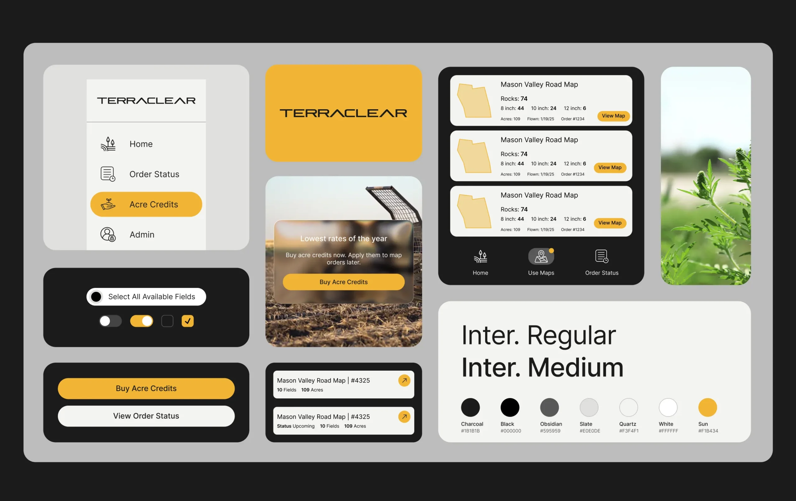 TerraClear UI kit: navigation, controls, buttons, cards, typography and color palette