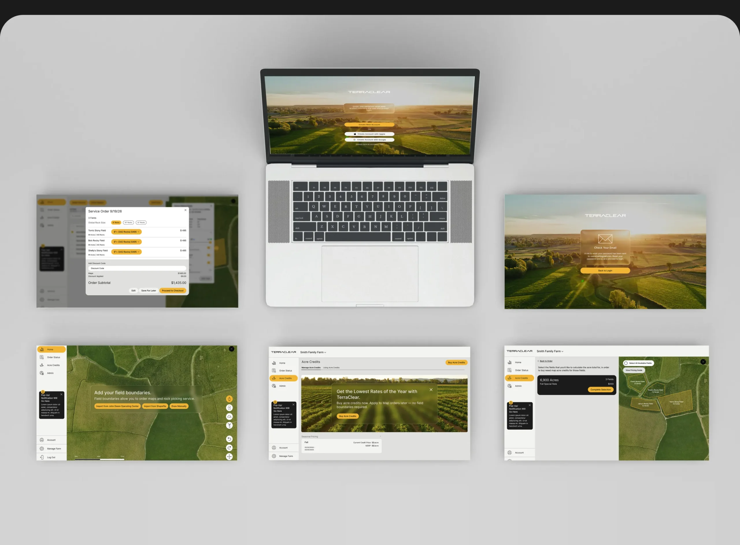 TerraClear desktop app screens shown on a laptop and floating displays