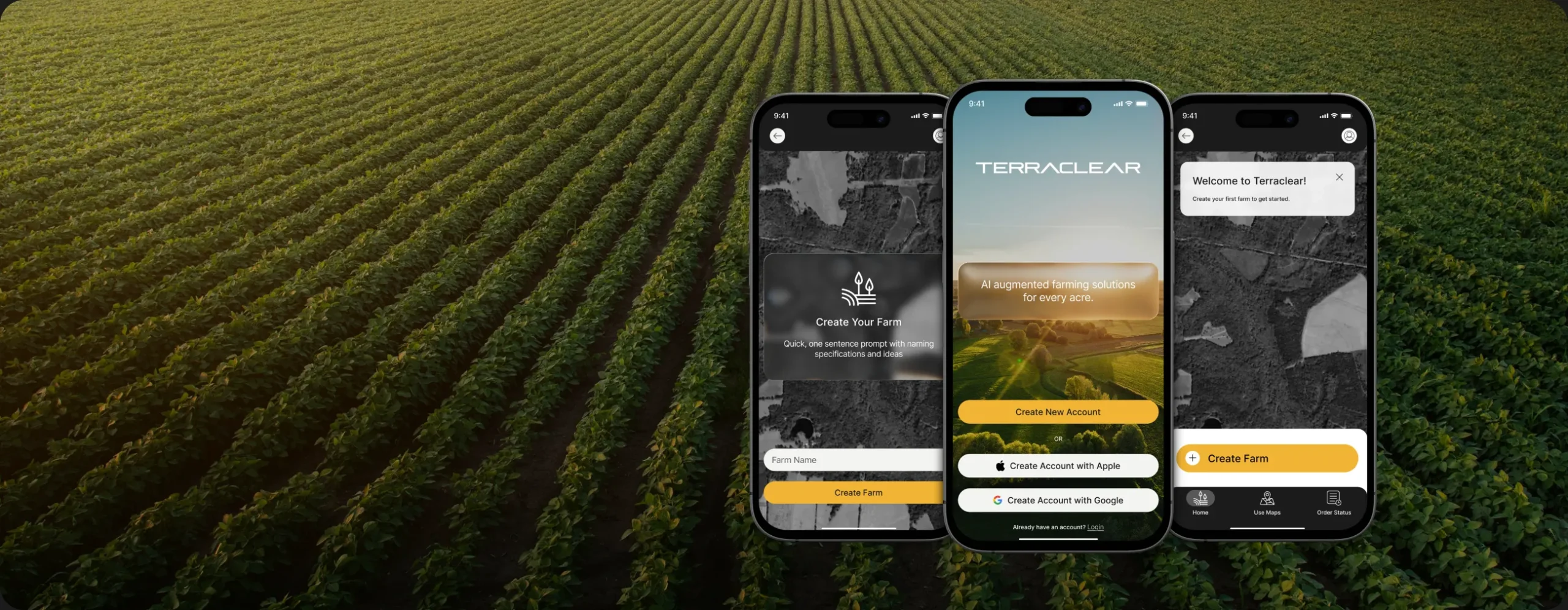 Three TerraClear app screens over a row-crop field at sunset