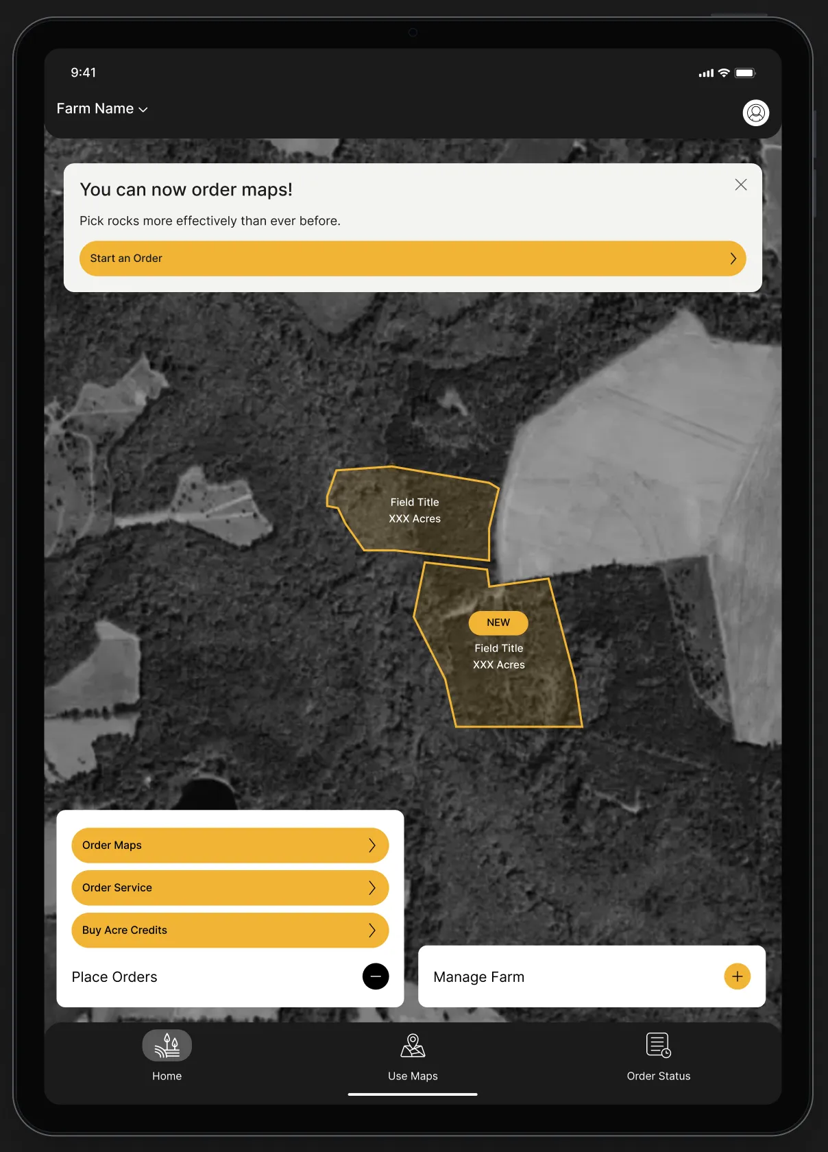 TerraClear iPad app showing a field rock map with order options