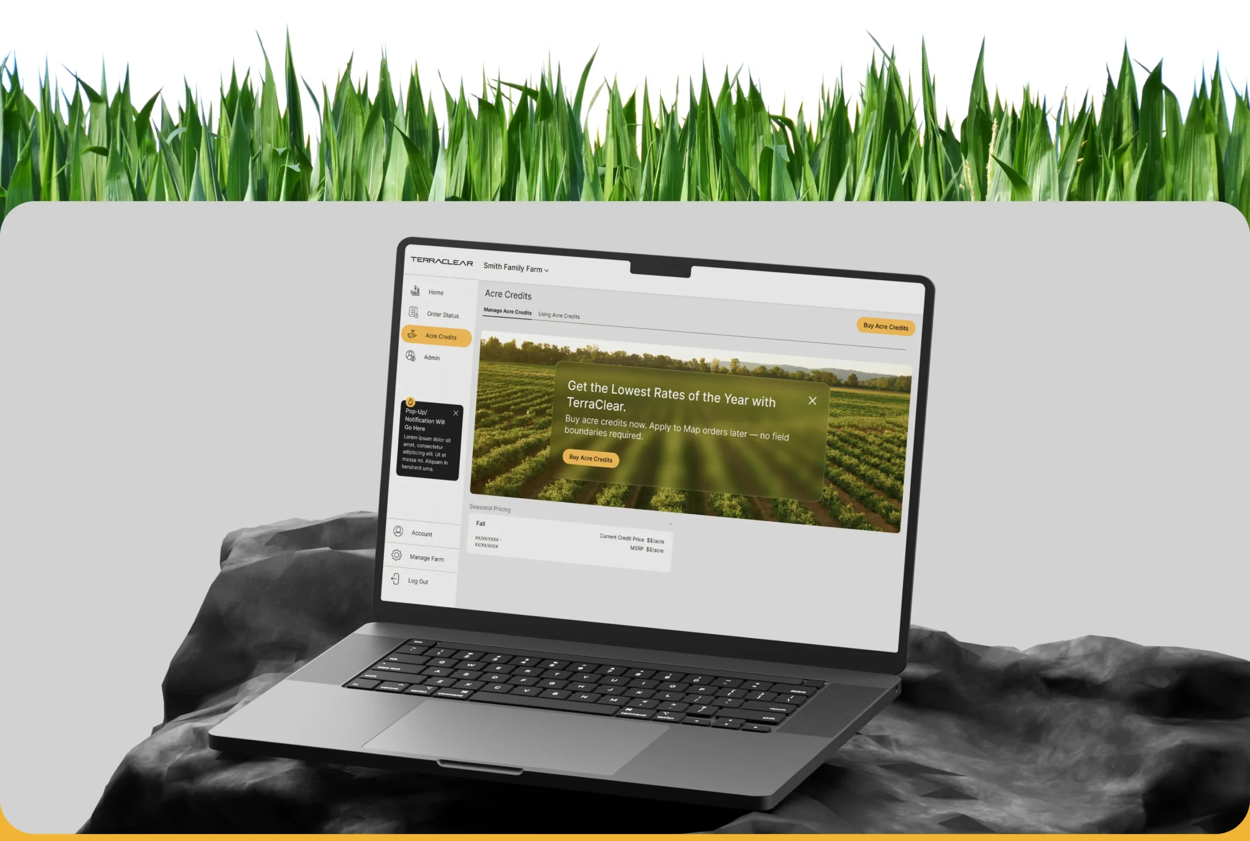 TerraClear desktop app on a laptop showing acre credits
