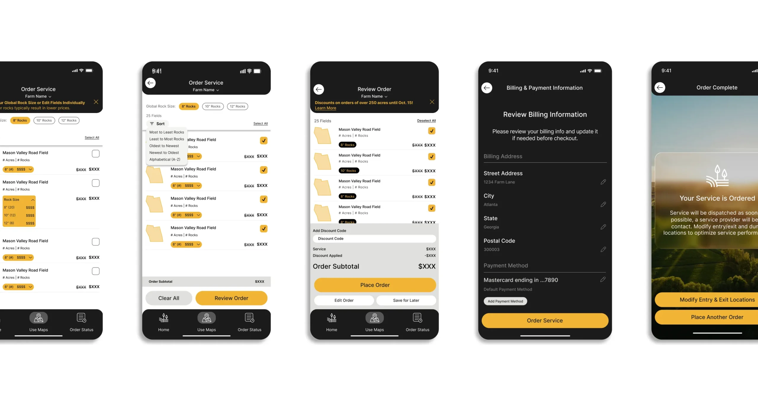 TerraClear mobile order flow, from choosing rock sizes to order complete
