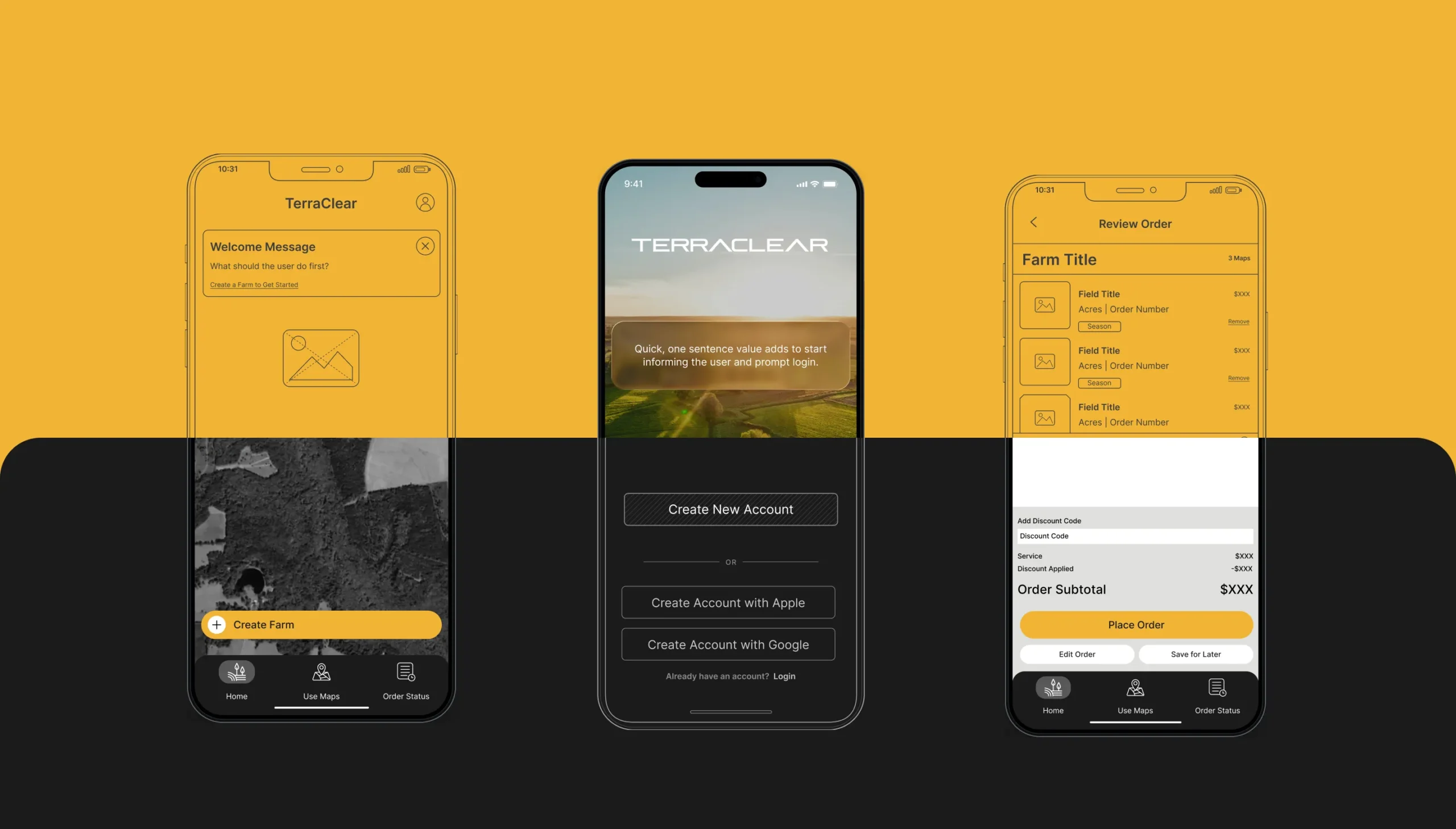 TerraClear mobile wireframes alongside the final login screen