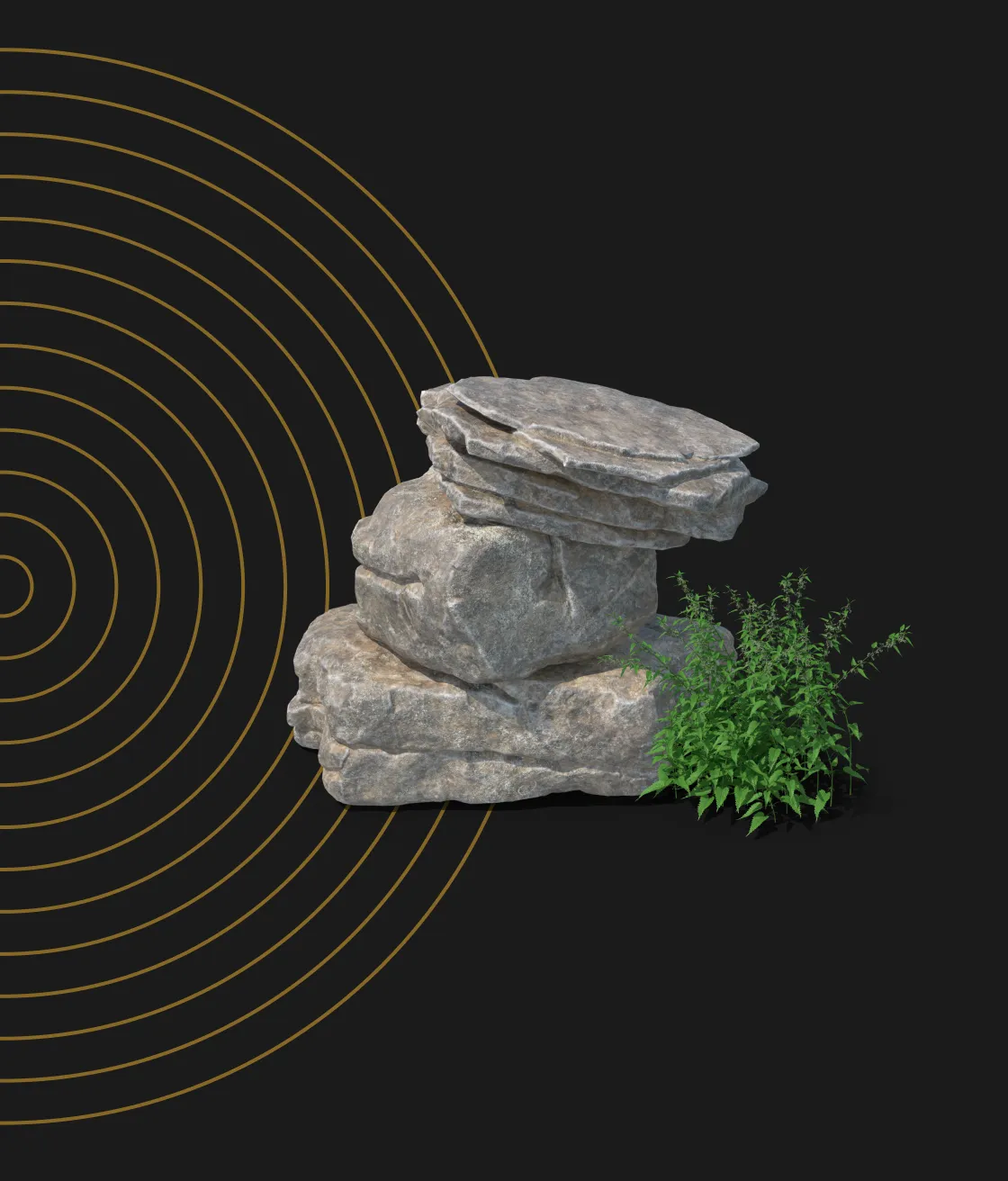 Stacked field rocks with weeds and concentric gold rings